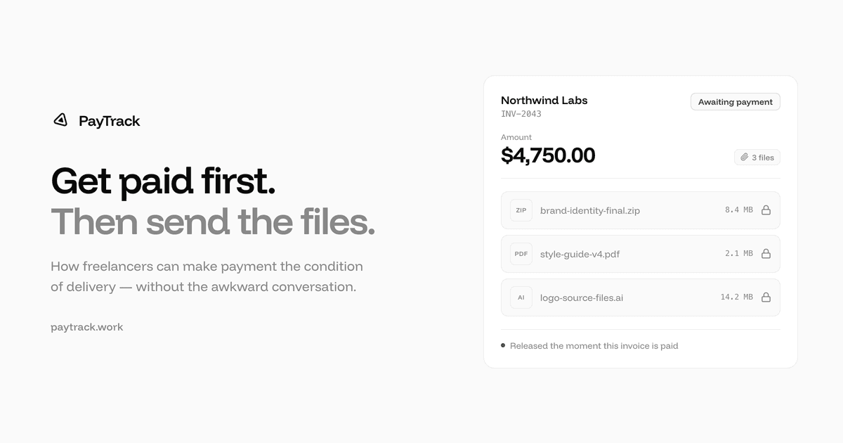 A PayTrack invoice marked awaiting payment, with three attached deliverable files shown locked until the invoice is paid